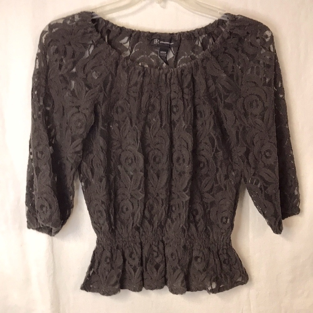 Inc International Concepts Women’s Sheer Lace Top Brown Size M Elastic Waist